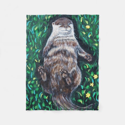 リラックスしたカワウソの絵 フリースブランケット (正面)