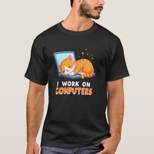 リラックスしたコンピューター仕事猫Tシャツ Tシャツ (正面)
