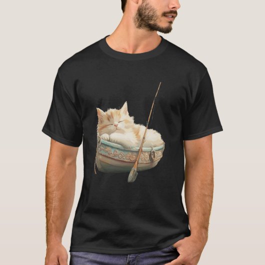 リラックスした猫がボートの中で平和に眠っている Tシャツ (正面)