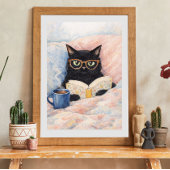 リラックスした猫のイラスト | 黒猫の芸術 | 居心地の良い ポスター