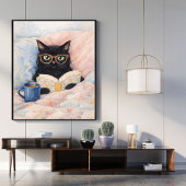 リラックスした猫のイラスト | 黒猫の芸術 | 居心地の良い ポスター