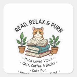 リラックスして本を読む猫 – かわいい猫の本読みステッカー スクエアシール