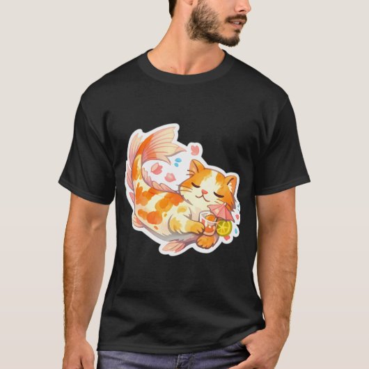 リラックスするコイ猫がジュースを飲む Tシャツ (正面)