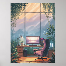 リラックスできるゲーミングセットアップの夕焼けアート作品 自然 ポスター