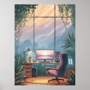 リラックスできるゲーミングセットアップの夕焼けアート作品 自然 ポスター