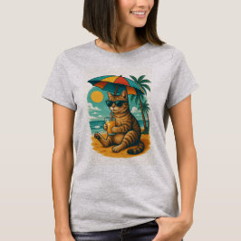 リラックスキャットとジュース – 夏のビーチバイブTシャツ Tシャツ