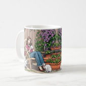 リラックス日 | コーヒー、ネコ、植物を持つ女性 コーヒーマグカップ (正面左)