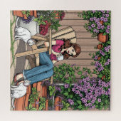 リラックス日 | コーヒー、ネコ、植物を持つ女性 ジグソーパズル (横)