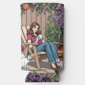 リラックス日 | コーヒー、ネコ、植物を持つ女性 スリム缶クーラー (裏面)