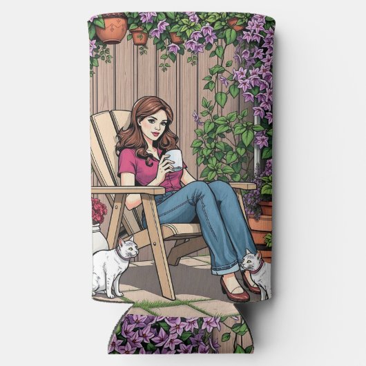 リラックス日 | コーヒー、ネコ、植物を持つ女性 スリム缶クーラー (裏面)