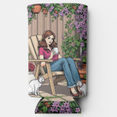 リラックス日 | コーヒー、ネコ、植物を持つ女性 スリム缶クーラー (正面)