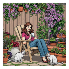 リラックス日 | コーヒー、ネコ、植物を持つ女性 ポスター