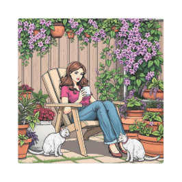 リラックス日 | コーヒー、ネコ、植物を持つ女性 メタルプリント