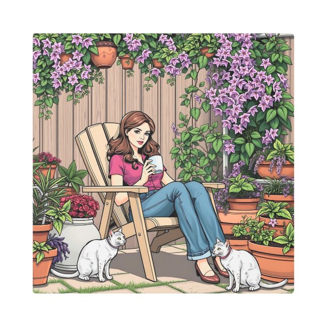 リラックス日 | コーヒー、ネコ、植物を持つ女性 メタルプリント (正面)