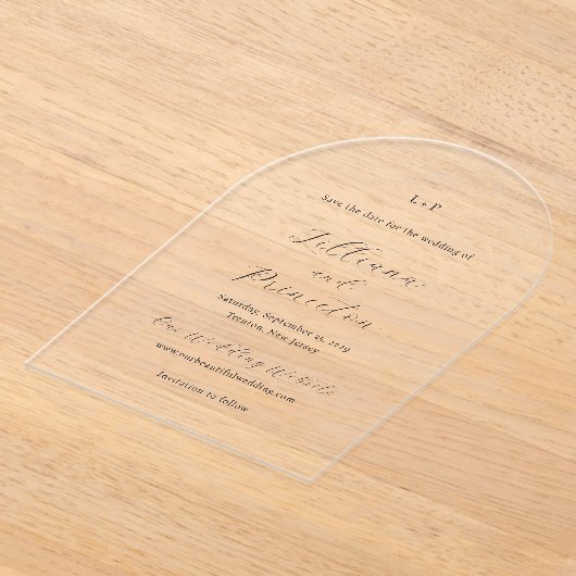 リリアエレガントナモダン結婚式の日付を保存 アクリル招待状 (レイダウン)