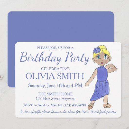 リリカルモダンダンサー パープルダンス バースデーパーティー 招待状 (正面/裏面)