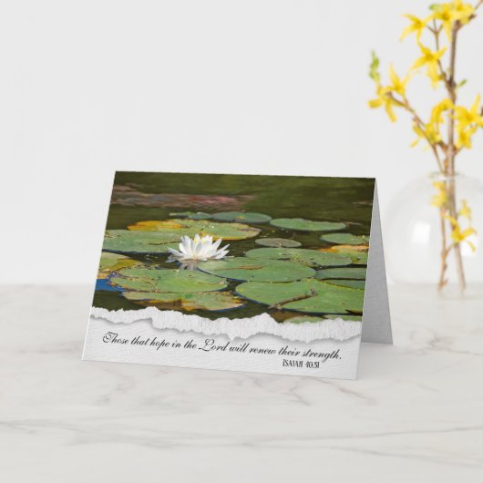 リリーのパッドを持つ宗教的な悔やみや弔慰の白いスイレン カード (黄色い花)