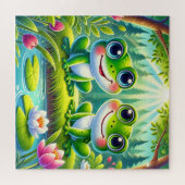 リリーの池に座る愛らしいマンガのカエル ジグソーパズル (横)