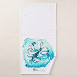 リリーアートホワイト&ティール（緑がかった色）フはっきりしたァワーフローラテンプレート バスタオル