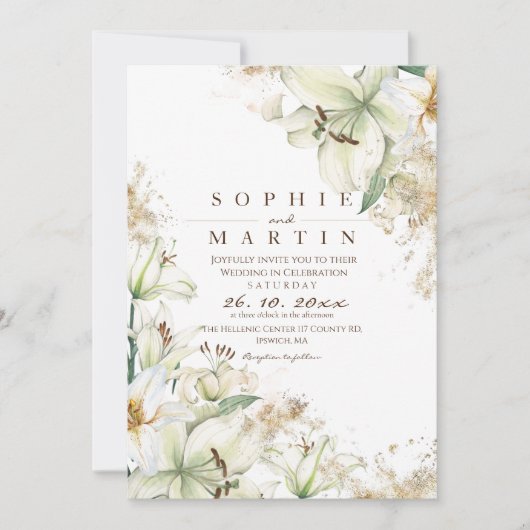 リリーエレガントの結婚ほこりっぽい白い庭の花 招待状 (正面)