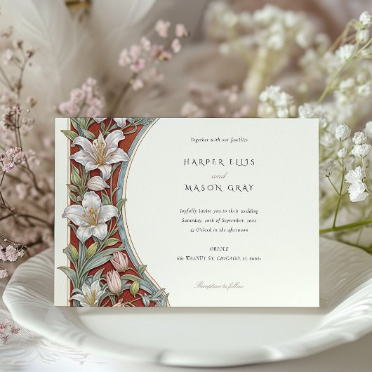 リリーエレガントアールヌーボー結婚ズアイボリーレッド 招待状