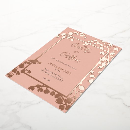 リリーオブザバレーフローラ庭園の結婚式金ゴールド 箔招待状 (回転した状態)