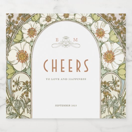 リリーグリーンと金ゴールドヴィンテージアールヌーボーミュシャ スパークリングワインラベル (シングルラベル)