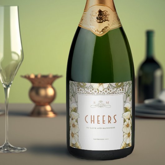 リリーグリーンと金ゴールドヴィンテージアールヌーボーミュシャCh スパークリングワインラベル