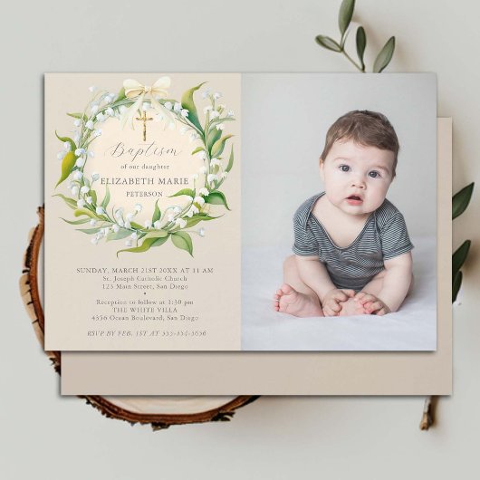 リリーバレーボウ金ゴールドフォーマルシック写真バプテスマ 招待状