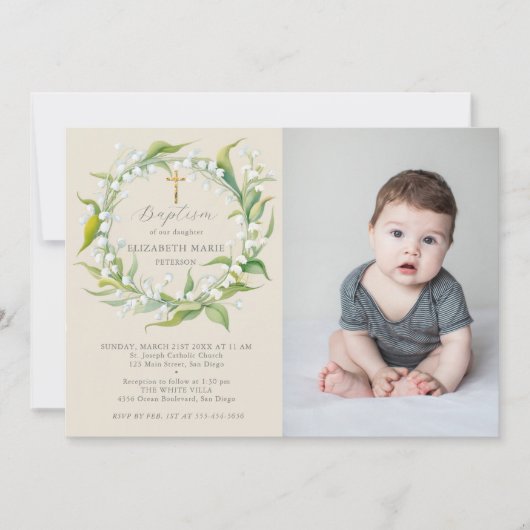 リリーバレー金ゴールドクロスフォーマルシック写真バプテスマ 招待状 (正面)