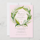 リリーバレー金ゴールドクロスリースフォーマルピンクバプテスマ 招待状 (正面)