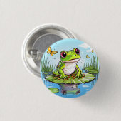 リリーパッドに可愛いカエルと蝶 缶バッジ (正面&裏面)