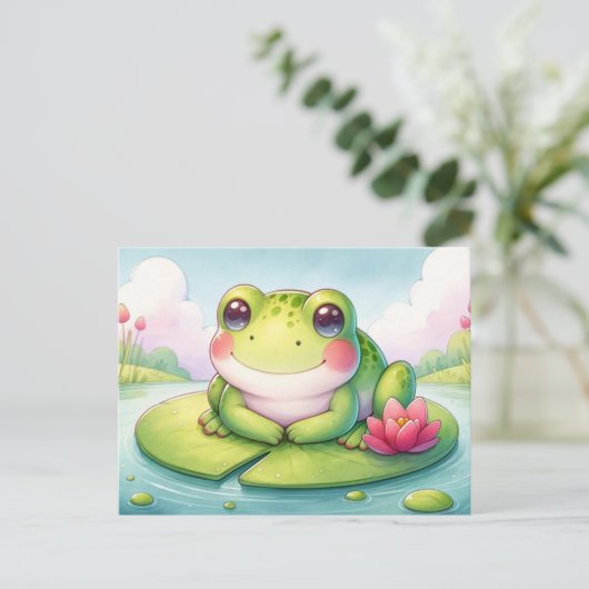 リリーパッドのハッピーフロッグ – かわいいデジタルウォーターカラー ポストカード (スタンド正面)