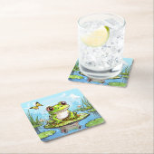 リリーパッドの上にかわいいカエルパーソナライズされた スクエアペーパーコースター (インサイチュ)