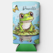 リリーパッドの上にかわいいカエルパーソナライズされた スリム缶クーラー (正面)