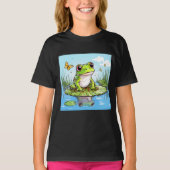 リリーパッドの上にかわいいカエル Tシャツ (正面)