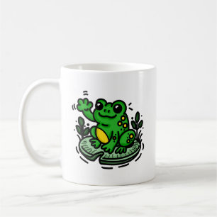 リリーパッドの上の良い朝のカエルの手描き コーヒーマグカップ