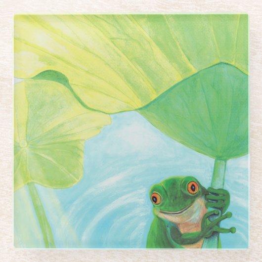 リリーパッドの下のグリーンカエル ガラスコースター (正面)