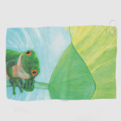 リリーパッドの下のグリーンカエル ゴルフタオル (横)
