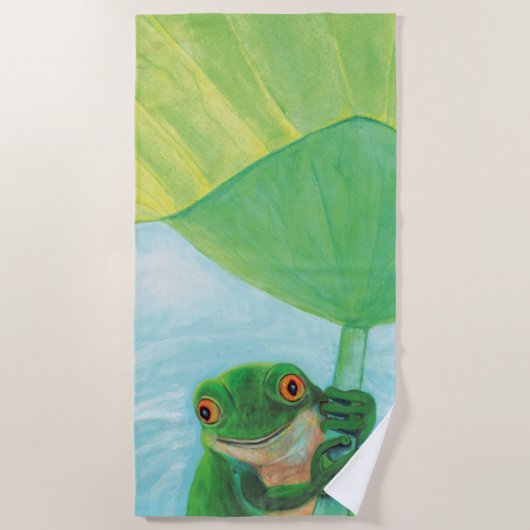 リリーパッドの下のグリーンカエル ビーチタオル (正面)