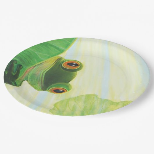リリーパッドの後ろの大きな目の緑のカエル ペーパープレート (アングル)