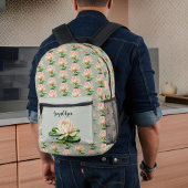 リリーパッドロータスフラワーピンクとセージ緑モノグラム プリントバックパック