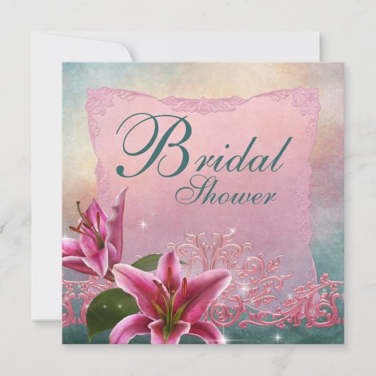 リリーピンクティール（緑がかった色）ブルーリリーブライダルシャワー招待状 招待状 (正面)