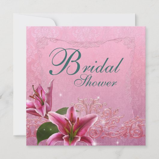 リリーピンクティール(緑がかった色)ブルーリリーブライダルシャワー招待状 招待状 (正面)