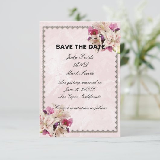 リリーフローラピンクマーブルウェディング日付を保存 出欠カード (スタンド正面)