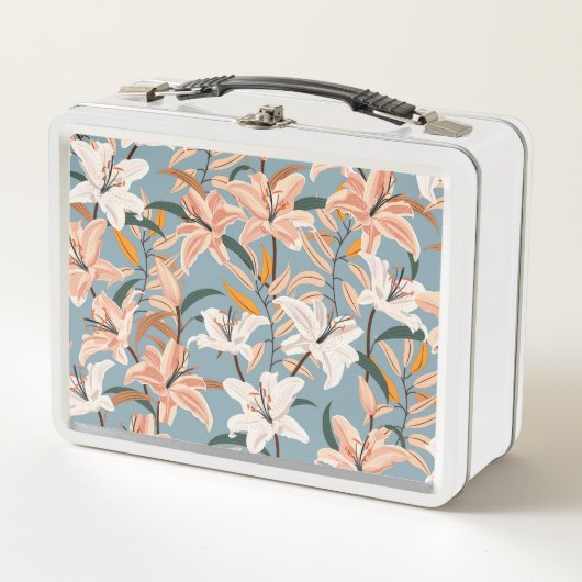 リリーフローラブルーヴィンテージプリント メタルランチボックス (正面)