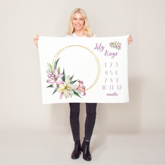 リリーベビーガールマイルストーンブランケット、リリーフラワーベビー フリースブランケット (インサイチュ)