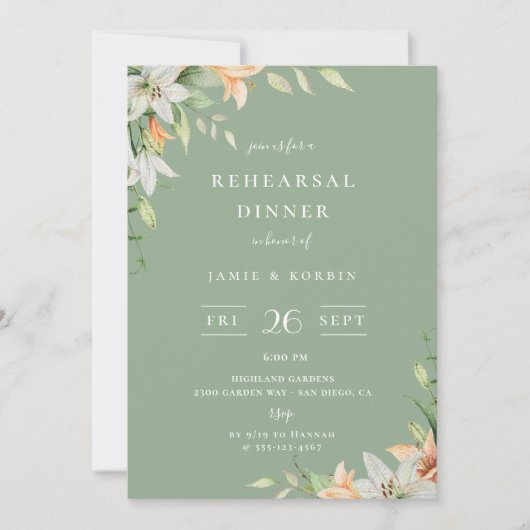 リリーモダンフローラセージ緑リハーサルディナー 招待状 (正面)
