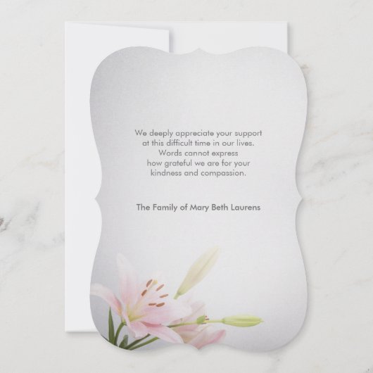 リリー悔やみや弔慰記念サンキューカードと写真 サンキューカード (裏面)