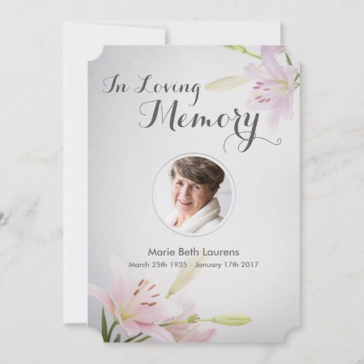 リリー悔やみや弔慰記念サンキューカードと写真 招待状 (正面)